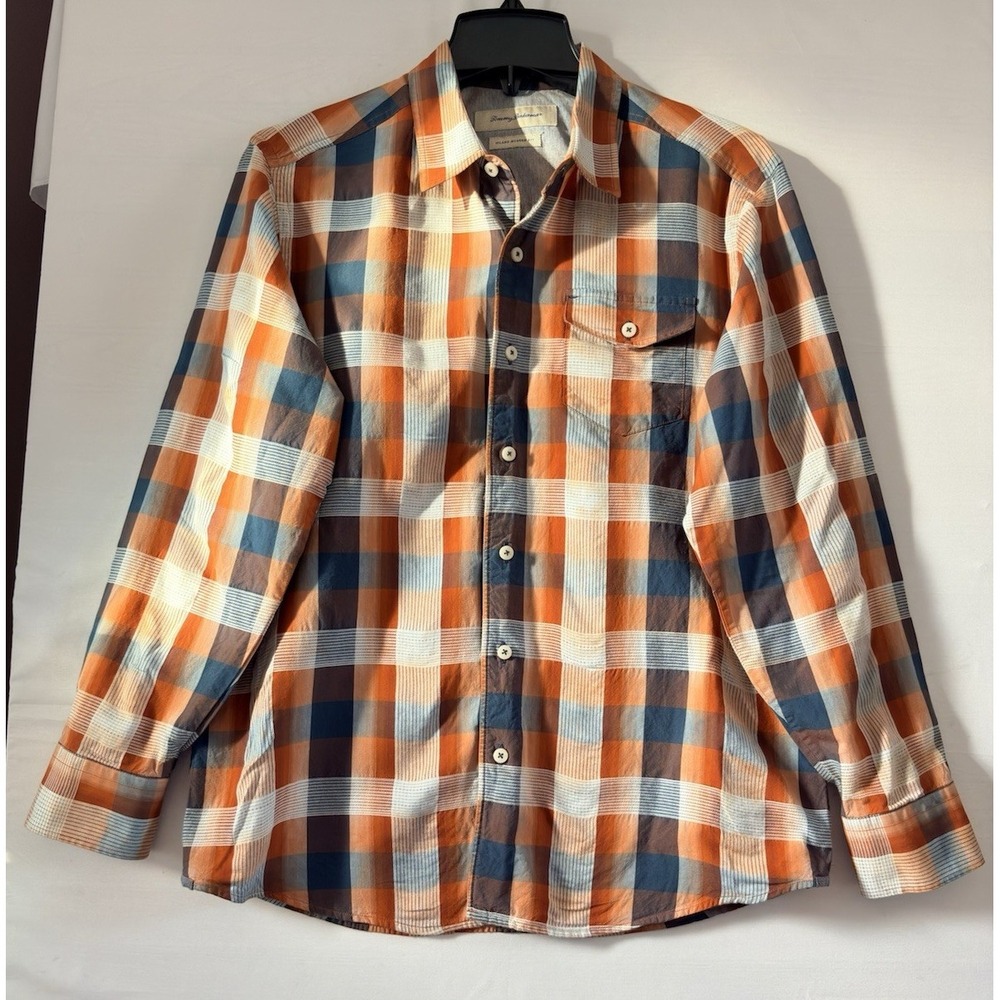 Tommy Bahama Mens Island Modern Fit Plaid Button Down Shirt Orange Blue Large
